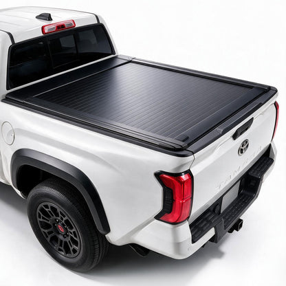 A black roll-up truck bed cover installed on the bed of a white pickup truck, shown from a rear three-quarter angle against a clean white studio background.