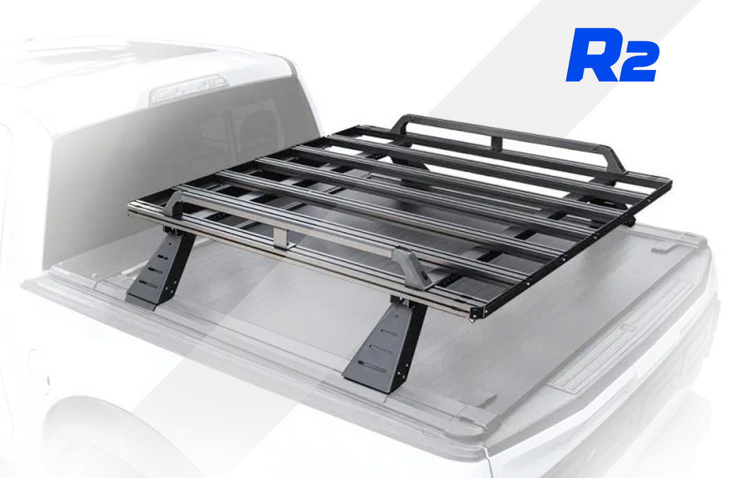 Car roof rack on a vehicle with R2 logo in the corner