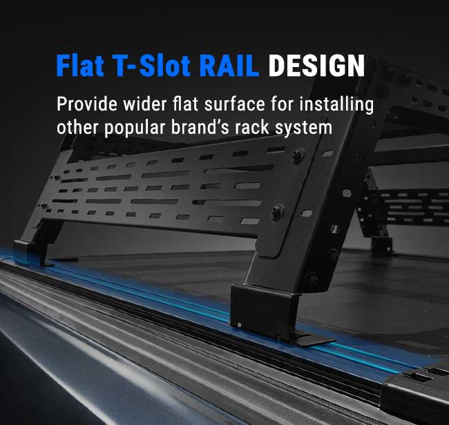 Close-up of a black metal rack system with blue rails in a truck bed, featuring text that reads 'Flat T-Slot RAIL DESIGN' and 'Provide wider flat surface for installing other popular brand's rack system.'.