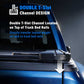 Close-up of the top edge of a blue truck bed showing a black T-slot channel mounted on the rails, with overlaid text explaining the double T-slot channel design and a white arrow pointing downward.