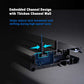 Technical product diagram of a black metal channel rail profile with blue highlighted embedded channel details and text explaining enhanced stability during high-speed turns.
