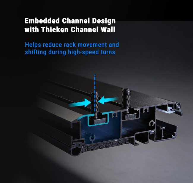 Technical product diagram of a black metal channel rail profile with blue highlighted embedded channel details and text explaining enhanced stability during high-speed turns.