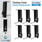 Six black metal tonneau cover clamp replacement parts with silver bolts, arranged on a white background with text reading 'Tonneau Cover Clamp Replacement' and 'For Frontier 6 Pack.' A SYNETICUSA logo appears at the bottom left.