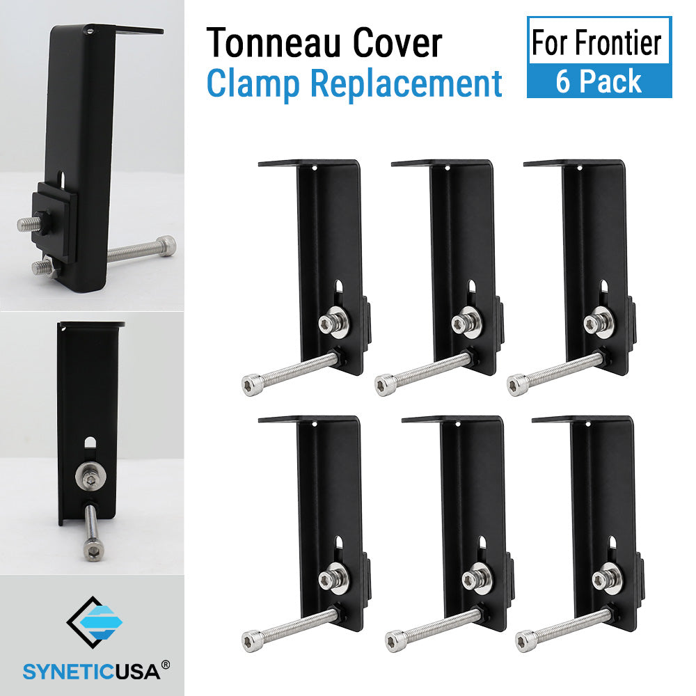 Six black metal tonneau cover clamp replacement parts with silver bolts, arranged on a white background with text reading 'Tonneau Cover Clamp Replacement' and 'For Frontier 6 Pack.' A SYNETICUSA logo appears at the bottom left.