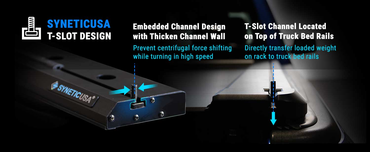 SYNETIC USA T-Slot design with embedded and T-slot channels on a truck bed.