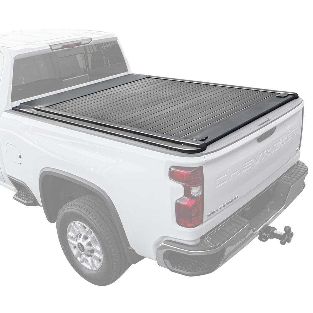 White truck with a black tonneau cover on a white background