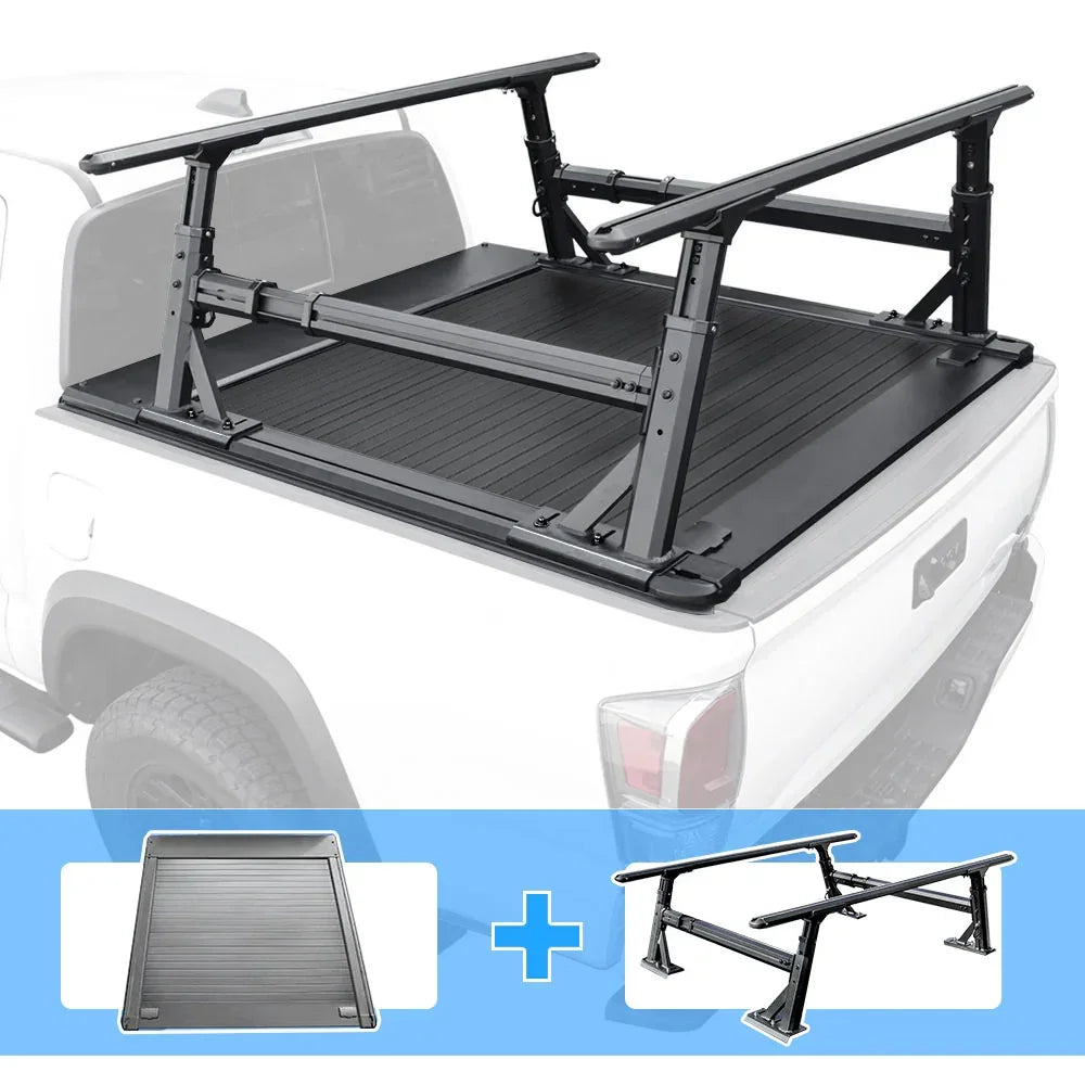 Truck bed rack system on a white truck with additional components displayed below.