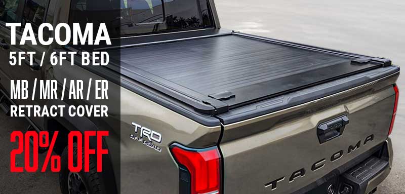 Toyota Tacoma truck bed with retractable cover and promotional text on a gray background