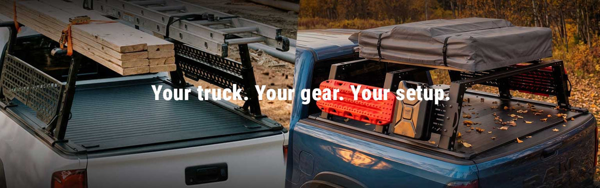 A split-screen comparison showing a truck bed cover with rack setup in two outdoor settings. The left side shows a white pickup truck with a black metal rack and tonneau in a forest, and the right side shows a blue pickup truck with a gray rooftop tent and black bed rack in a wooded area.