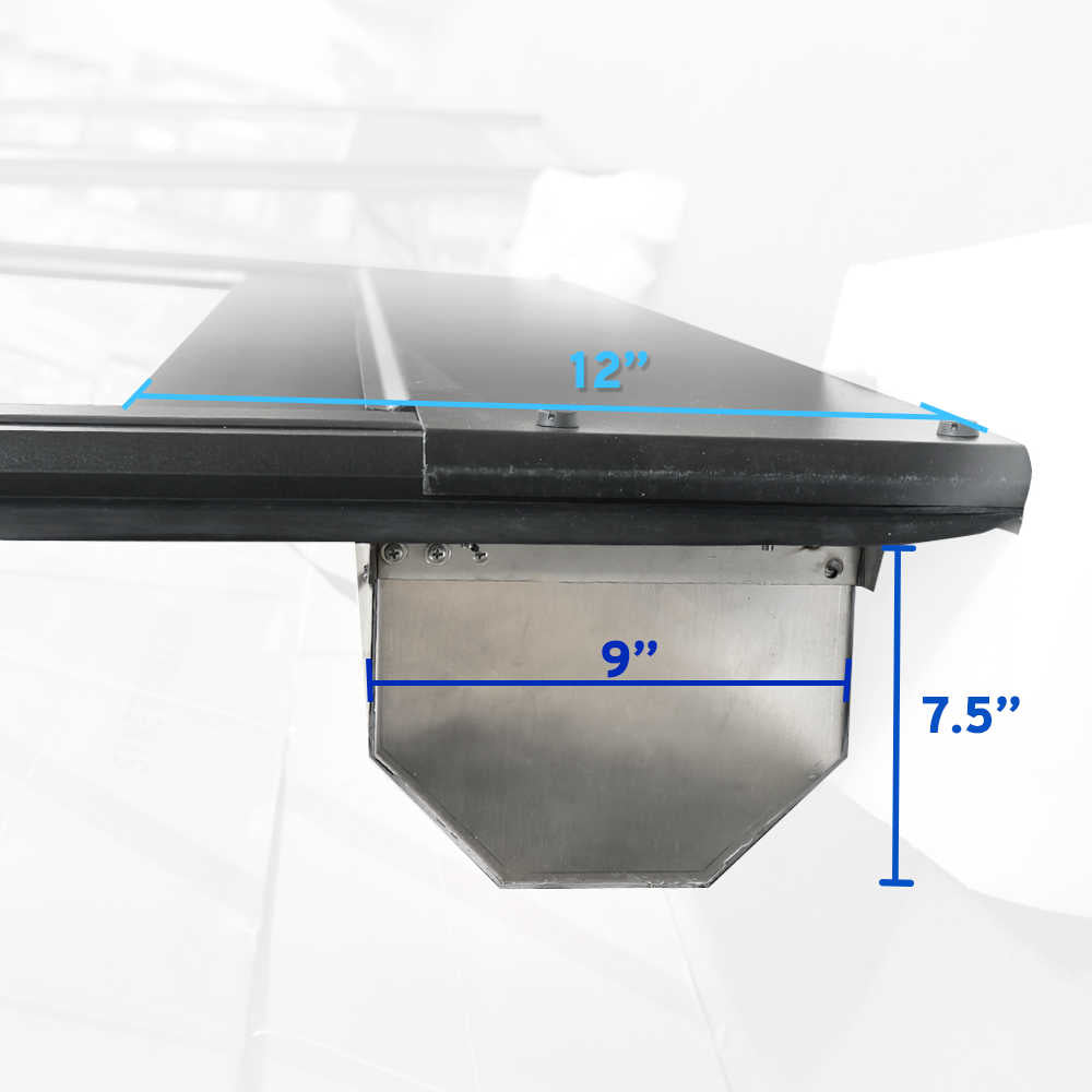 Measurement details of a ER retractable tonneau cover surface with dimensions labeled on a white background