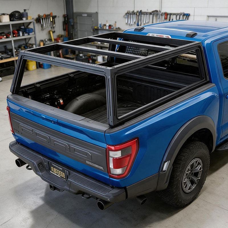 A blue pickup truck shown from the rear three-quarter angle, fitted with a black metal tonneau-style bed cover and roof rack frame over the cargo bed. The truck is photographed on a clean white studio background.