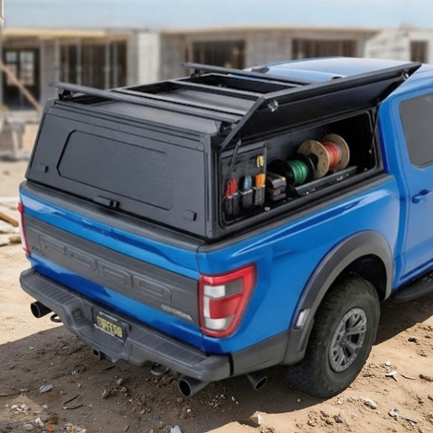 A blue Ford pickup truck shown from the rear three-quarter angle, fitted with a black hardtop canopy cover over the cargo bed. The open side of the canopy reveals storage compartments with tools and coiled cords.