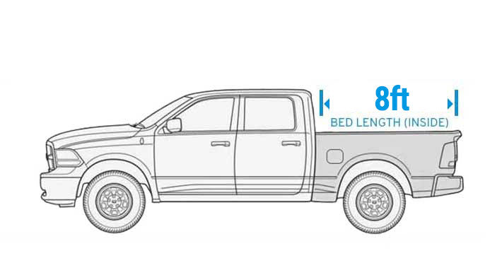 Line drawing of a pickup truck with 8ft bed length label