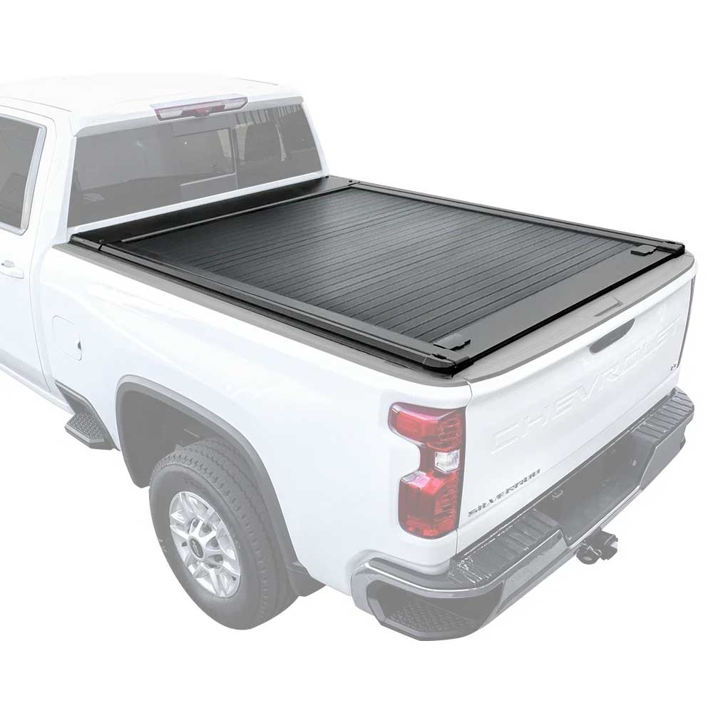 White truck with a black tonneau cover on a white background