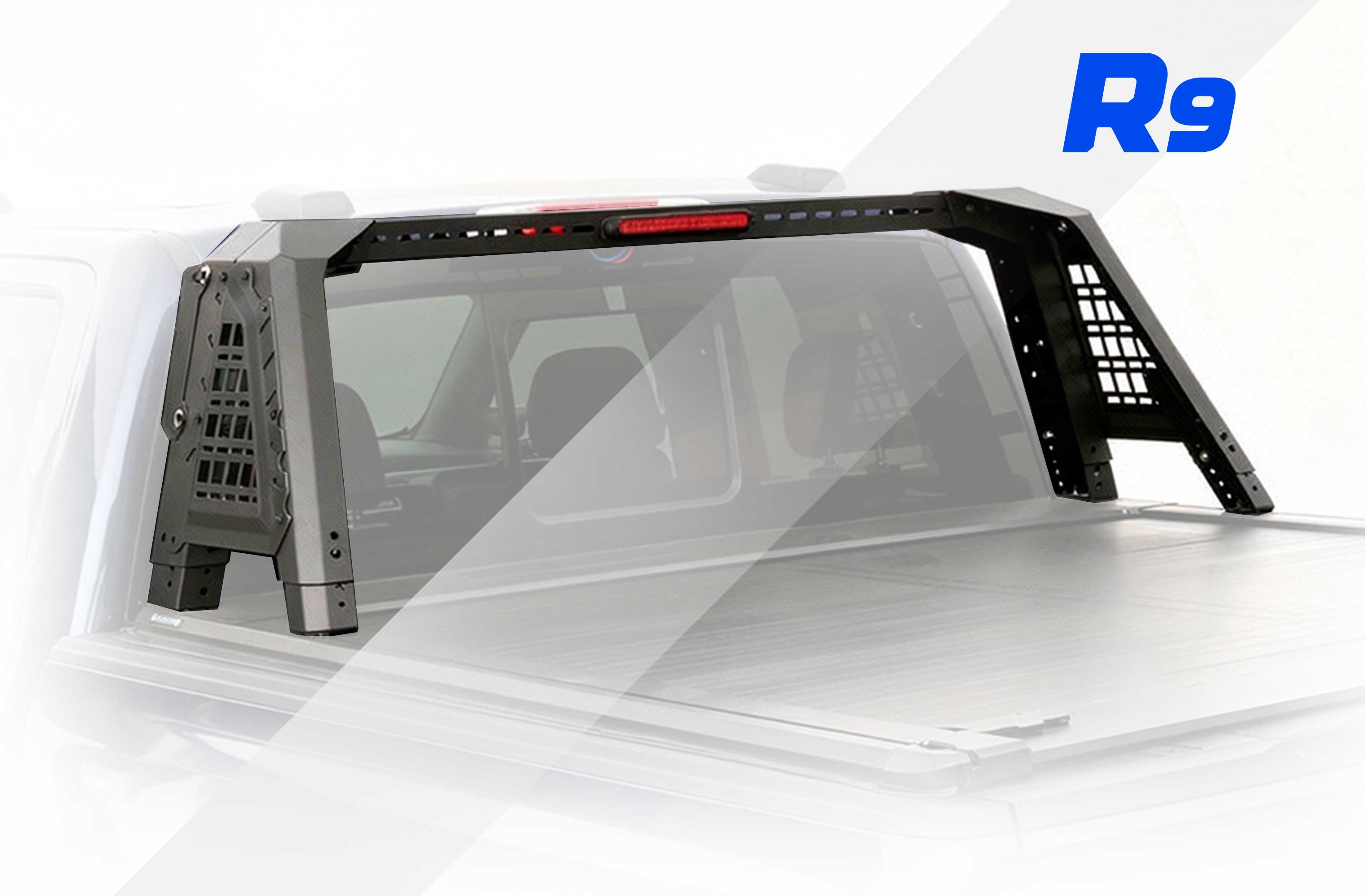 Car roof rack system with 'R9'roll bar on a white background