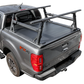 a retractable tonneau cover with rack system for a Ford Ranger truck, installed on a gray Ford Ranger.