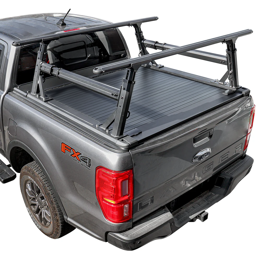 a retractable tonneau cover with rack system for a Ford Ranger truck, installed on a gray Ford Ranger.