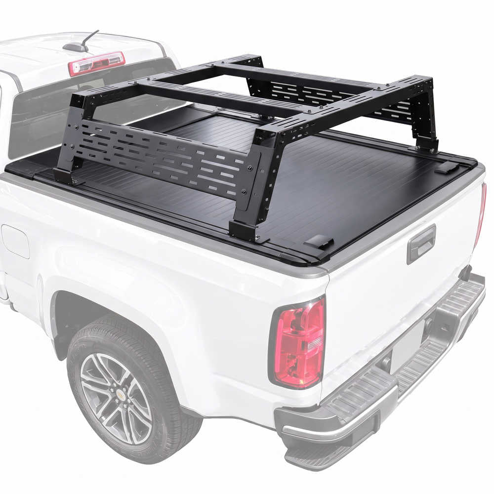 A black metal truck bed rack mounted over a black tonneau cover on a white pickup truck, shown from the rear three-quarter angle against a plain white background.