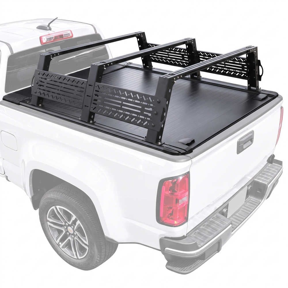 Black truck bed cover and R6 overland rack installed on the bed of a white pickup truck, shown from a rear three-quarter angle against a plain white background.