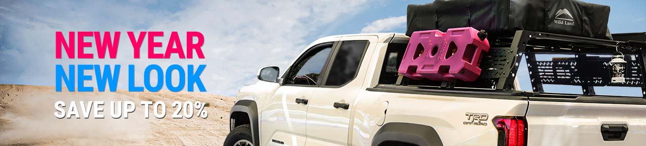 White truck with pink and black roof racks in a desert setting, promotional text overlay.