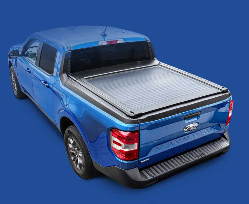 Blue pickup truck with a tonneau cover on a blue background