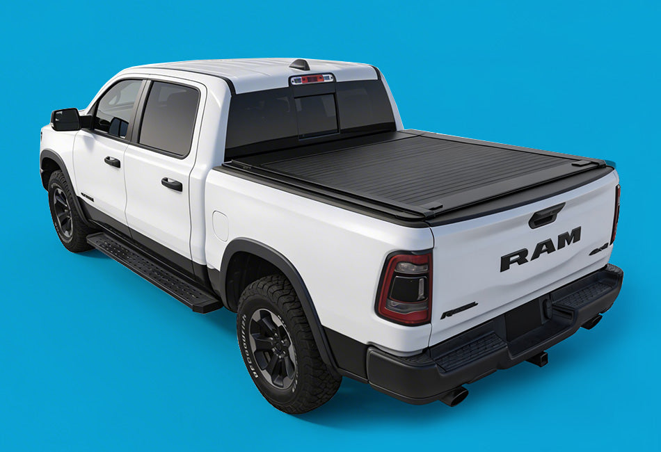 White Ram truck with Enhanced MB tonneau cover on a blue background